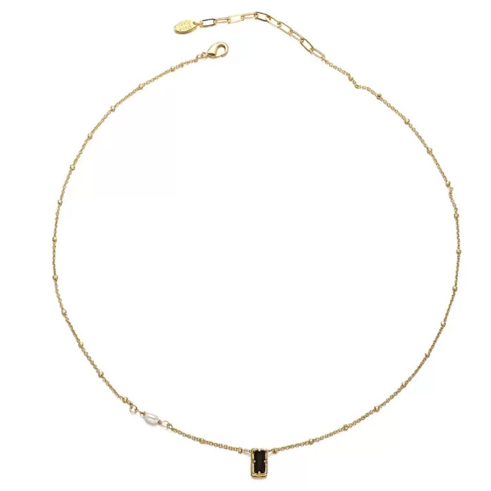 Gold Dainty Necklace with Black Pendant and Pearl Accent Minimalist - Picture 6 of 6